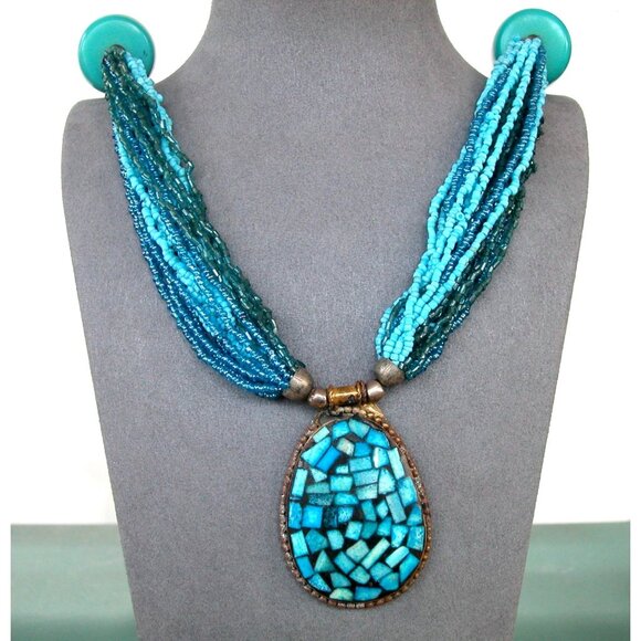 Turquoise Beaded Necklace & 2 Bracelet Set With Mosaic Pendant 26" - Picture 1 of 6